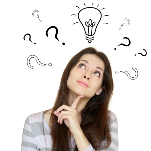 Thinking woman with question signs and light idea bulb above isolated on white